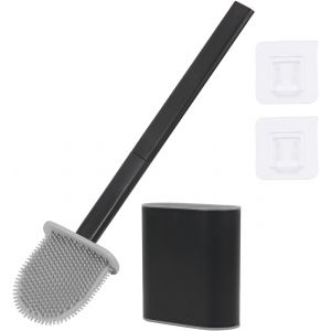 Brosse WC en silicone noir - Montage mural et debout - Avec support &agrave; s&eacute;chage rapide - Brosse WC plate flexible en silicone PP-TPR - Pour salle de bain et toilettes - Neuf