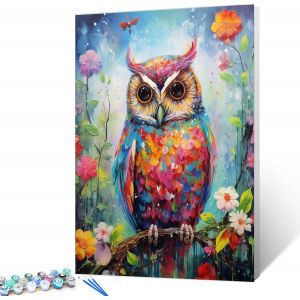 Kit de peinture à l'huile numérique avec pinceaux et pigments acryliques - Motif hibou mignon - 40,6 x 50,8 cm - Décoration d'intérieur - Cadeau (sans cadre) - Neuf