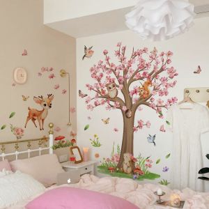 Stickers Muraux Fleurs de Cerisier Rose Arbre Grand - AQSACOKIYA - Autocollant Mural Foret Animaux de Bois D&eacute;coration Chambre Enfant - Neuf
