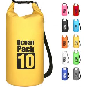 KALANKA-Jaune 10L Sac étanche Polyvalent, 2L/5L/10L/15L/20L/30L Waterproof Dry Bag avec Longue Bandoulière Réglable Sac à Dos Confort Imperméable pour Bateau/Kayak/Pêche/Rafting/Natation/Camping/Snow - Neuf