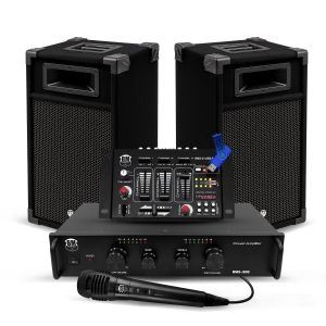 Kit Sonorisation 300W Bm Sonic BMS-DJ300-USB-BT Enceintes Ampli Table de Mixage Bluetooth USB, Microphone C&acirc;blages+Cl&eacute; USB 32G - Neuf
