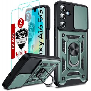 Sansh-Coque Pour Samsung Galaxy A16/A 16 5g/4g Antichoc Avec 2*Verre Trempé+Full Protection Caméra Coulissante,Anneau Support, Étui De Pc Dur Et Tpu Cover Silicone Militaire Anti-Rayures Housse,Vert - Neuf