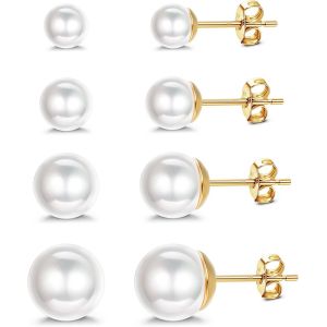 Kalhx-4 Paires Boucle D'oreille Perle Argent Sterling 925 Perles Rondes Hypoallergéniques 5-10mm Tailles Mixtes Ensemble Boucles D'oreilles Perle Blanche Pour Filles Femme - Neuf
