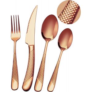 Ensemble De Couverts Modernes 24 Pièces, Or Rose Martelé Couteaux Dentelés 2-En-1 Ultra-Tranchants, Service En Acier Inoxydable 18/10 Set Pour 6 Personnes, Couteaux, Fourchettes, Cuillères - Neuf