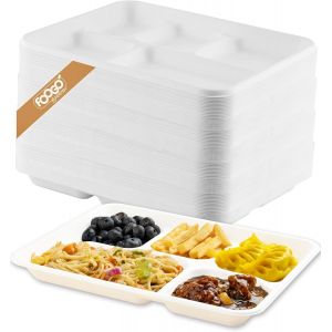 Kalanka-50 Assiettes Jetables Bagasse Canne À Sucre, 25x20 Cm, 5 Compartiments, Vaisselle Jetable, Écologiques, Biodégradables, Compostables, Pique-Nique, Fête, Assiettes Rondes Solides En Papier - Neuf