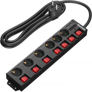 Multiprise avec 6 Prises & 2 USB & 7 Interrupteurs Individuel, 3680W Max, Montage Mural, Sécurité Enfants, Rallonge Multiprise Parafoudre et Surtension avec Câble 2M, Blanc - Neuf