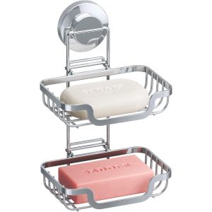 CAUC-Porte-Savon Double Couche, Porte Savon Ventouse pour Mur de Douche, Porte-savons Drainant pour Salle de Bain, Porte-&eacute;ponge Acier Inoxydable R&eacute;sistant &agrave; Rouille pour Baignoire, Cuisine, Argent&eacute; - Neuf