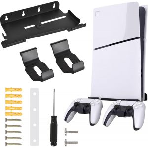 Support Mural pour PS5 Slim, Noir Supports Console PS5 Slim Disc & Digital Editions avec Supports Manette, Fixation &agrave; Vis et Niveau &agrave; Bulle - Neuf