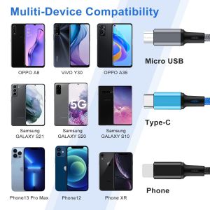 Senior-C&acirc;ble De Charge Multi Chargeurs 4 En 1, 3A 1.2M Tress&eacute; C&acirc;ble Usb Universel Avec Connecteurs 2*Phone/Micro Usb/Type C, Pour Ios T&eacute;l&eacute;phones, Android Galaxy, Lg, Moto, , Huawei, Xiaomi, [L154] - Neuf