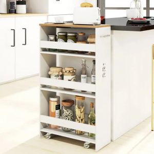 Chariot de Cuisine &Eacute;troit 20CM COSTWAY &agrave; 4 Niveaux, Station de Recharge, Roues Verrouillables, Garde-Corps, Comptoir Naturel, Blanc - Neuf