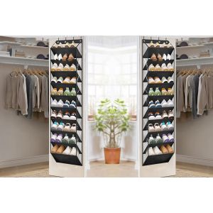 Organisateur de chaussures &agrave; suspendre &agrave; la porte, pour 20 paires, avec grandes poches, compatible avec les portes standard, noir - Neuf