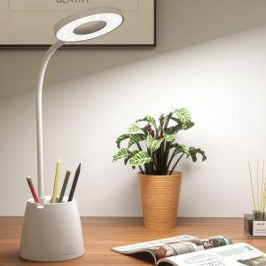 Lampe De Bureau Led, Enfant Dimmable 3 Niveaux Luminosit&eacute; Protection Des Yeux Col Cygne Contr&ocirc;le Tactile Sans Fil Usb Recharge, Porte Stylo T&eacute;l&eacute;phone, Multicolore - Neuf