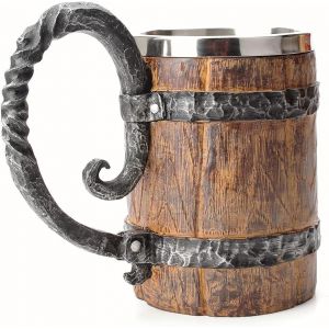 Eryi-De Chope À Bière Vintage Imitant Le Bois, Style Viking Médiéval Rétro En Acier Inoxydable, 500 Ml, Cadeau Unique - Neuf