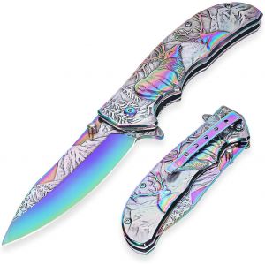 Couteau Pliant De Poche,440c Acier Inoxydable Couteau De Survie Avec Gaufrage,Couteau De Chasse Pour Randonnée Et Camping (Couleur Dégradée) - Neuf