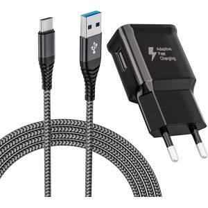 Chargeur Avec Câble Usb C Nylon Type C 2m Câble De Charge Rapide Compatible Avec Samsung Galaxy S21 S20 S8 S8+ S9 S9+ S10 S10 Plus S10e A13 A14 A15 A50 A54 A55 A34 A33 5g, Chargeur Rapide, Noir - Neuf