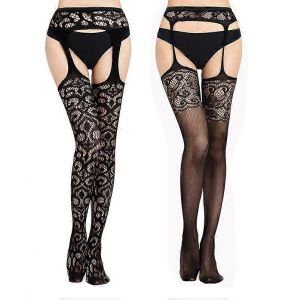 2 Paires De Collants Porte-Jarretelles Pour Femmes, Collants R&eacute;sille &Agrave; Motifs, Cuissardes En Maille. - Neuf