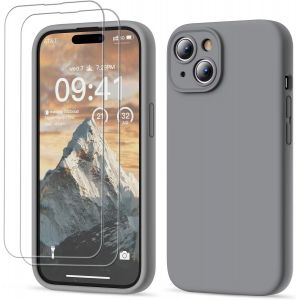 3 en 1 Coque iPhone 15 Silicone Liquide - avec 2 Verre Tremp&eacute; - &Eacute;tui Protection Pr&eacute;cise de Cam&eacute;ra [R&eacute;sistant aux Rayures] [Antid&eacute;rapant] iPhone 15 Case 6.1"", Gris - Neuf