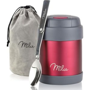 Tianyi-Boîtes Alimentaires Isothermes 300ml I 440ml, Boîte Isotherme Repas Chaud Porte-Aliments En Acier Inoxydable À Double Couche, Cuillère Pliante Pour Ecole, Bureau (300ml/Berry) - Neuf