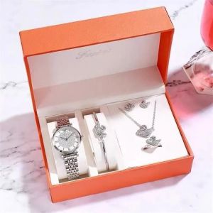 Coffret Montre Femme + Collier + Boucles D'oreilles + Bracelet + Bague + Bijoux Femme, Cadeau De Noël - Neuf