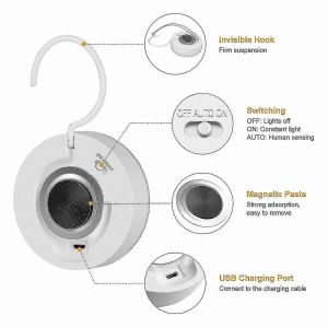 Veilleuse,Détecteur De Mouvement,On / Off Automatique,Lampe Led Sans Fil Rechargeable Avec Crochet Intégré Et - Neuf