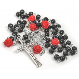 Store Collier Chapelet Perles H&eacute;matite Noire 6mm Catholique Notre Rose M&eacute;daille De Lourdes & Croix De J&eacute;sus En Velours - Neuf