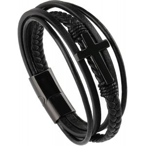 Bracelet De Foi Pour Hommes Croix Cuir Et Acier Bracelet Croix Cadeau Religieux - Neuf