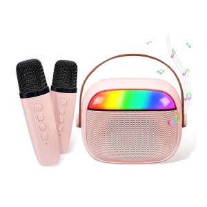 Machine de karaok&eacute; portable avec haut-parleur Bluetooth et 2 microphones sans fil - Rose - Neuf