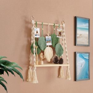 Étagère murale en bois macramé - Décoration bohème - Feuilles vertes - Pompons tissés à la main - En bois flottant naturel - Pour salon, chambre à coucher - Neuf