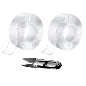 Lot de 2 Rouleaux de Ruban Adhésif Double Face 3mx3cm Transparent Nano Double Face Amovible Pour Décoration Murale,Tapis,Poster,Rideau,Voiture Avec 1 Paire de Ciseaux - Neuf