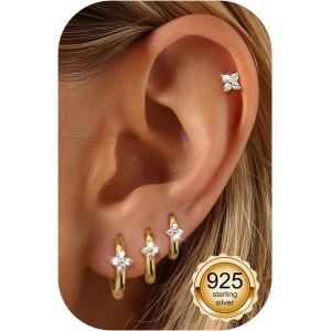 Kal-4 Paires Boucles D'oreilles Argent 925 Pour Femme Plaquée Or 14 Carats Creoles Femme Piercings Oreille Cartilage Tragus Helix Or/Argent Dangle Chaîne Boucles D'oreilles - Neuf