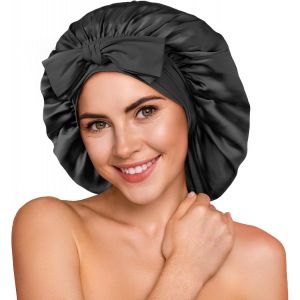 Jexnovashop-100% 22 Momme De M&ucirc;rier Bonnet Soie Cheveux Nuit Pour Dormir, Bonnet De Nuit Doux En Soie Double Couche Pour Cheveux Fris&eacute;s, Respirant, Large Bande Ajustable Pour Attacher &Agrave; La T&ecirc;te, Noir - Neuf