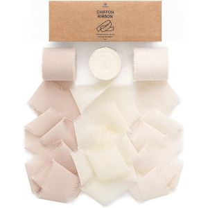 Ruban En Mousseline De Soie Nude & Blanc, Fait Main Avec Franges, Total 3,8 Cm X 19,2 M, Ruban Effiloch&eacute; Pour Invitations De Mariage, Bouquets De Mari&eacute;e, Cadeaux Emballages, Bricolage - Neuf