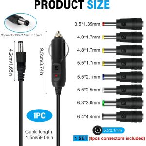 TIANYI-12V 5A Chargeur Allume-Cigare Universel avec 8 Connecteurs, Allume-Cigare Prise avec C&acirc;ble 1.5m, Chargeur de Voiture DC, C&acirc;ble d'alimentation DC 5.5 x 2.1mm pour GPS, Cam&eacute;ras, Haut-Parleurs - Neuf