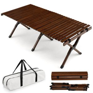 Table De Camping Pliante En Bambou 122 X 60 X 43,5 Cm Facile &Agrave; Transporter Finition &Eacute;l&eacute;gante Couleur Caf&eacute; Helloshop26 20_0019206 - Neuf