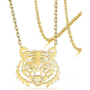 Kal-Collier Avec Pendentif En Forme D'animal De Tigre Pour Femmes Et Filles En Acier Inoxydable - Collier Avec Pendentif En Forme De Tête De Tigre Africain - Neuf