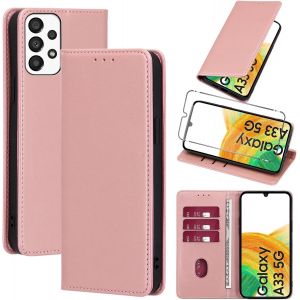 KAL-Coque Cuir Pour Samsung Galaxy A33 5G Avec 1 Verre Tremp&eacute; Etui &Agrave; Rabat En Pu Porte-Cartes Portefeuille Support Flip Housse Magn&eacute;tique Antichoc Anti-Rayures Case 6.4"",Rose-Gold - Neuf