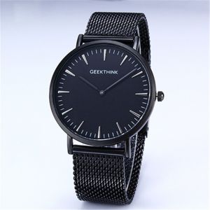 Montre A Quartz Analogique Pour Homme Avec Bracelet En Maille D'acier Inoxydable Et Cadran Rond (Cadran Noir) - Neuf