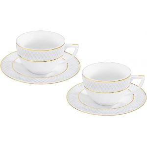Tasses Avec Soucoupes-Motif Doré-Lot De 2-170 Ml-Tasses À Café En Porcelaine-Blanc-Service De Table Pour 2 Personnes-Set De Tasses Pour Café,Thé,Desserts - Neuf