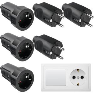 Lot de 3 paires de fiches Schuko : 250 V 16 A IP44 - Prise Schuko en caoutchouc avec protection anti-torsion - 2 broches - Ext&eacute;rieur &eacute;tanche - Noir - Fiche Schuko et raccord en caoutchouc sans c&acirc;ble - Neuf