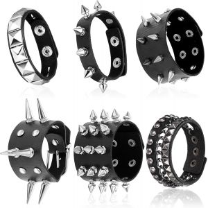 Kal-Lot De 6 Bracelets &Agrave; Pointes Clout&eacute;es Punk Rock Gothique En Cuir Noir Avec Rivets En Cuir Pour Homme Et Femme Accessoires D'halloween, Taille Unique, Pas De Gemme - Neuf