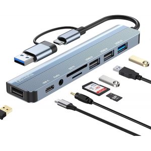 M-Acbook Hub Usb C 8 En 2 - Adaptateur Multiport Usb C Avec Lecteur De Carte Sd & Tf, Ports Usb 3.0 Et Usb 2.0, Ports Audio 3,5 Mm, Hub Usb C 3.0 Pour Macbook, Galaxy, Ipad - Neuf