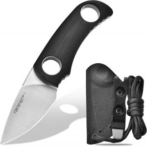 Runer Couteau De Cou Fixe Avec Fourreau Et Lani&egrave;re,4,7cm Lame Full Tang Edc Couteau De Cou Pour L'ext&eacute;rieur (Noir+Satin) - Neuf