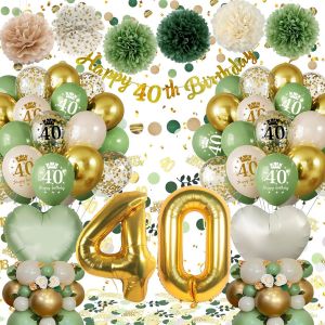 KALANKA-Decoration Anniversaire 40 ans,Décoration 40 ans Anniversaire Femme Homme,Vert Or Ballon 40 ans Anniversaire de Fête,PomPoms,Confetti Ballons,Bannière Joyeux Anniversaire pour 40 ans Réutilis - Neuf