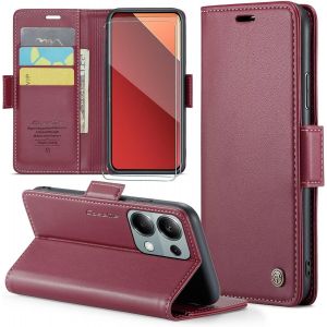 Kal-Coque Pour Xiaomi Redmi Note 13 Pro 4g+ 2 Pi&egrave;ces Verre Tremp&eacute;,Antivol,Prend En Charge Le Chargement Sans Fil, Pochette Fermeture Magn&eacute;tique Flip Case-Bourgogne - Neuf