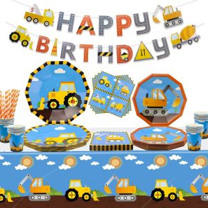 Sjzg-Lot De 107 Fournitures De F&ecirc;te D'anniversaire De Construction Camion Benne D&eacute;corations D'anniversaire Assiettes De F&ecirc;te De Construction - Nappe D'anniversaire Serviettes De Table Ballons Pour 20 - Neuf