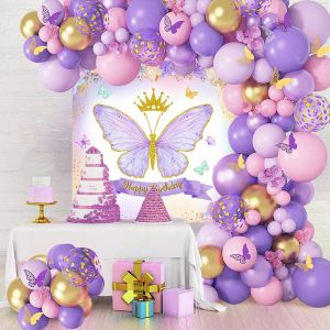 Violet Et Rosa D&eacute;coration Anniversaire Fille, Arche Ballon Violet Et Rosa Avec Happy Birthday Toile Fond Et Autocollants Papillon, Papillon Anniversaire F&ecirc;te Parti D&eacute;coration Pour Filles Femme - Neuf