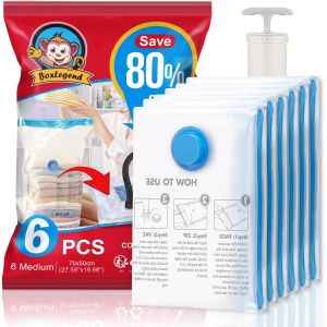 SJZG-Sacs De Rangement Sous Vide 6 Pi&egrave;ces 70X50Cm Sac Sous Vide Aspirateur Housse De Rangement Sous Vide Voyage R&eacute;utilisables Pour V&ecirc;tements, Couettes, Literie Oreillers, 1 Pompe Manuelle - Neuf