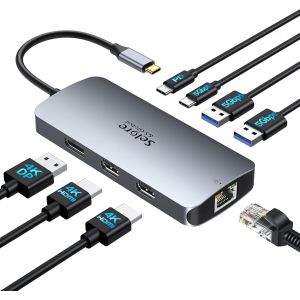Station d'accueil USB C Dual HDMI, 8 en 1 Docking Station pour 3 moniteurs Triple &eacute;cran 4K avec 2 HDMI, DisplayPort, Ethernet 1 Gbit/s, PD 100 W, Adaptateur de Ports USB 3.0 pour Dell, HP, Lenovo - Neuf
