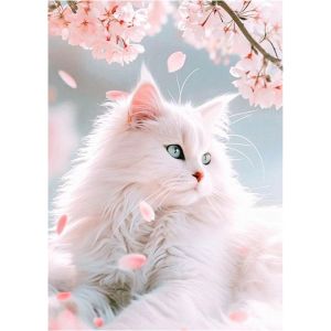 Ayuhr-Peinture Diamant Chat Avec Fleurs 30 X 40 Cm Peinture Par Numéro Chat Blanc Fleur De Cerisier Diamond Painting Animaux Mosaïque Diamant Peinture Art Broderie Point De Croix Images Cadeau - Neuf