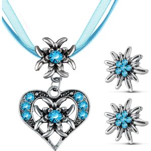 Kal-3 Pcs Set De Bijoux D'edelweiss Fantaisie Bijoux De Dirndl Bavarois Collier D'edelweiss Strass Avec Pendentif C?ur Boucles D'oreilles D'edelweiß Pour Fête De Bière Traditionnelle - Neuf